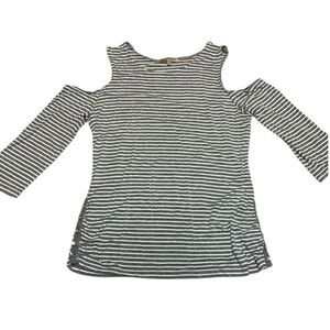 Democracy Cold Shoulder Top, 3/4 sleeves, soft, grey white stripes, medium